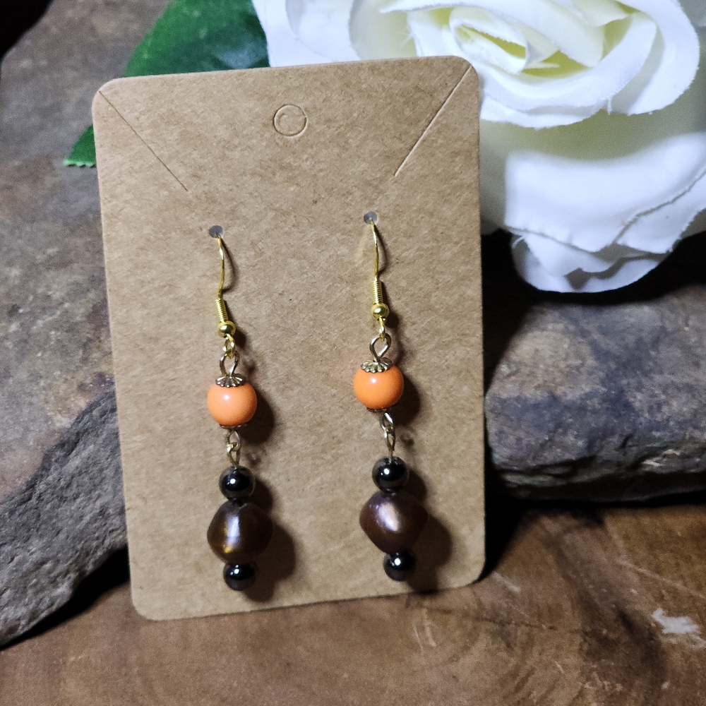 Hand Crafted Coral and Brown Colored Dangle Hook Earrings